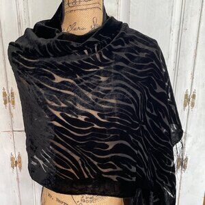 Black Velvet Scarf w/ Burnout Effect w/ Fringe Long Rectangle